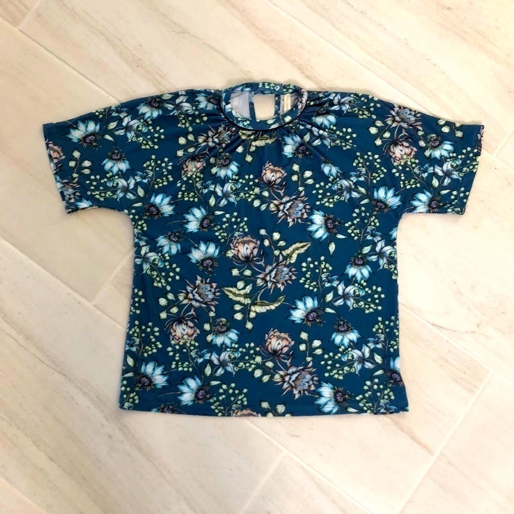 EUC dolman sleeve floral blouse petrol blue Med